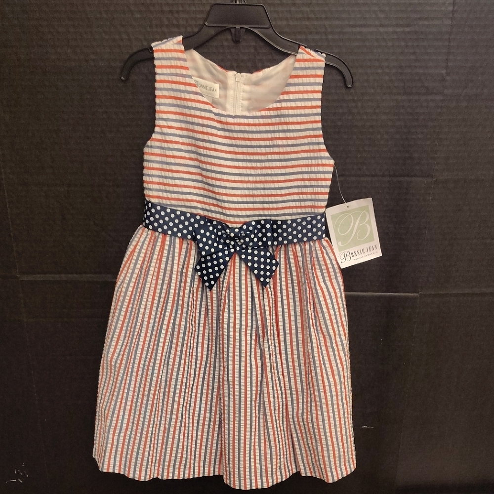 Striped Sleeveless Kids Dress with Polka Dot Bow